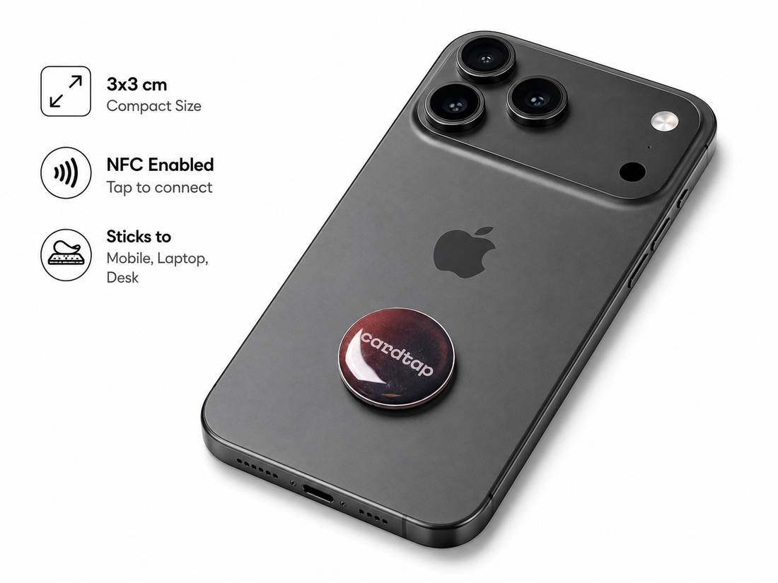 Cardtap NFC Smart Tag Gradient Edition featuring built-in NFC technology for instant digital business card sharing. Compact adhesive NFC sticker for smartphones, laptops, desks, and workspaces, enabling contactless networking, contact exchange, social media sharing, website access, and digital profile connections with a single tap.