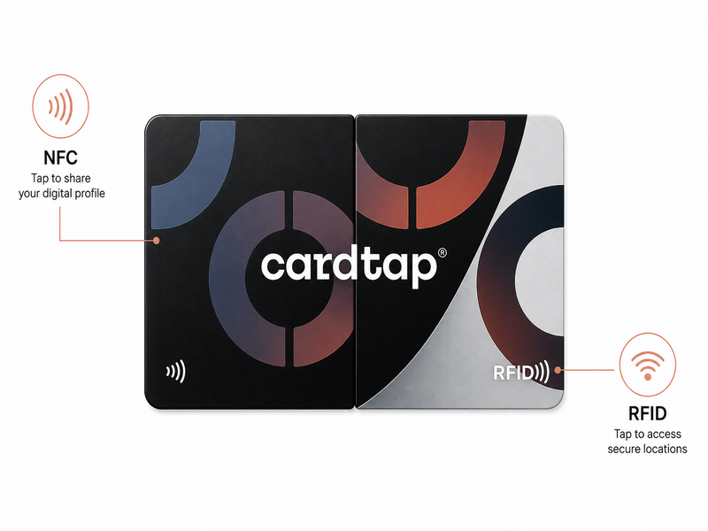 Cardtap Pro Card with dual NFC and RFID chips, combining a digital business card and access control card in one solution. Share contact details instantly, connect to digital profiles, manage social links, and access office buildings or secure facilities using a single professional smart card.