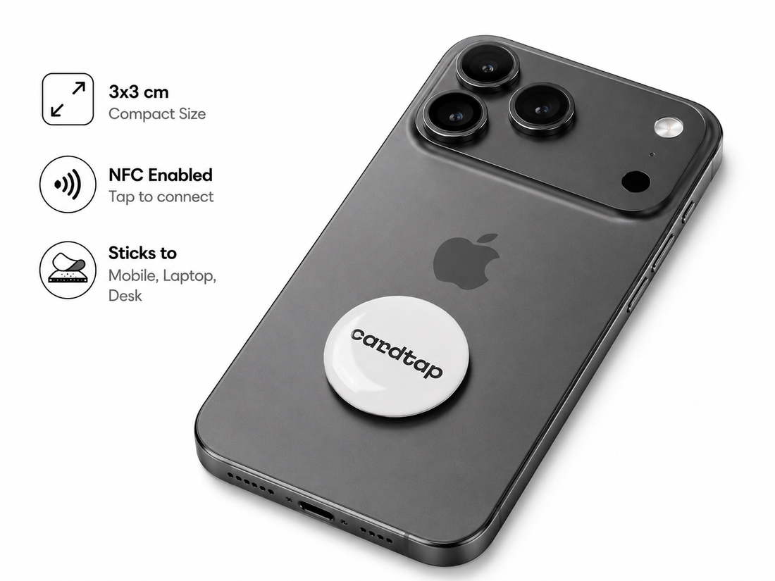 Cardtap NFC Smart Tag White Edition on smartphone, featuring a compact 3x3 cm design with built-in NFC technology. Smart adhesive NFC sticker for phones, laptops, desks, and workspaces, enabling instant digital business card sharing, contact exchange, social media links, and contactless networking with a single tap