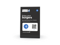 ستاند أكريليك Cardtap مخصص باللون الأسود، منظر أمامي، مطبوع عليه شعار Common Burgers وأيقونة NFC للتقييم